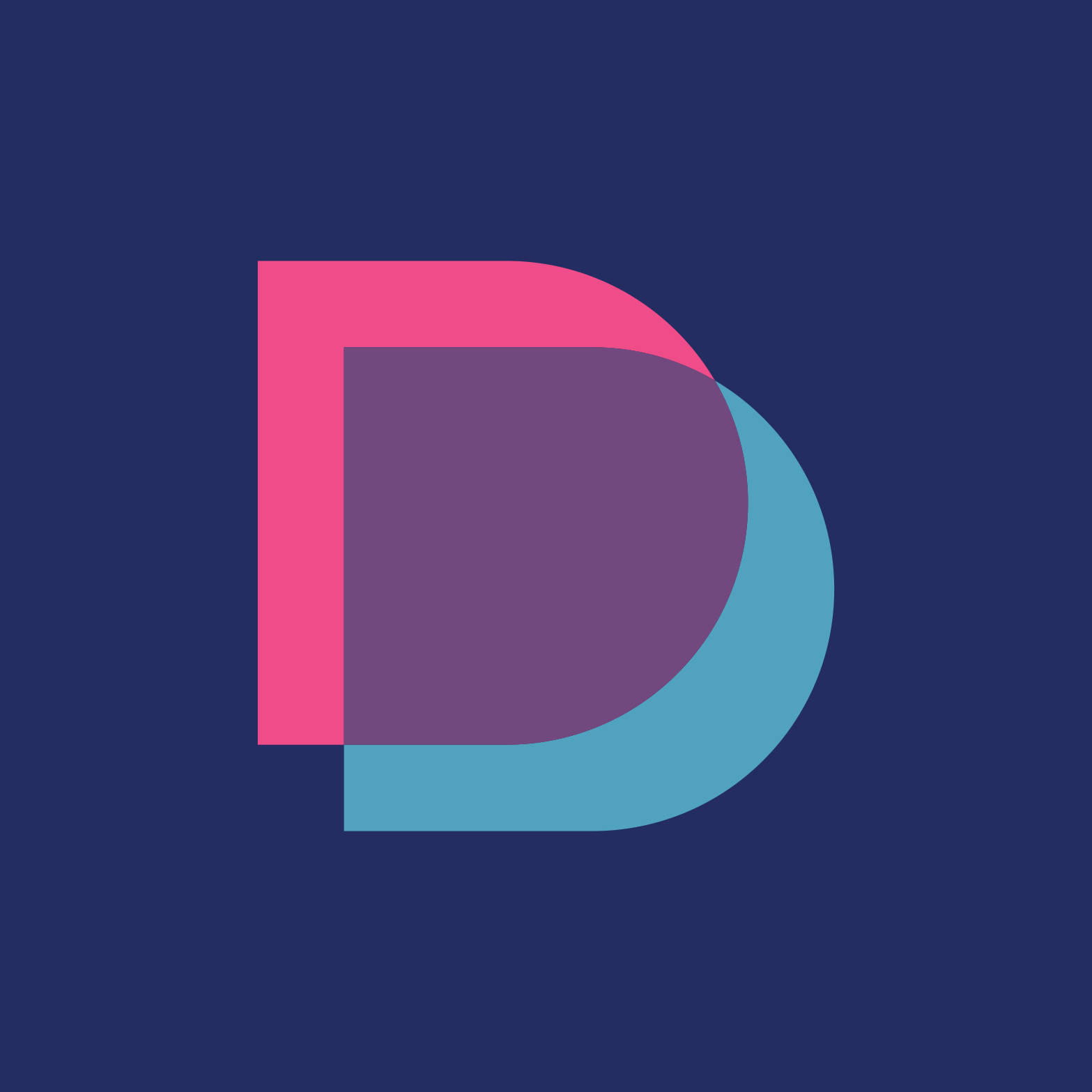 Stylized pink, purple, and teal letter D logo on a dark blue background