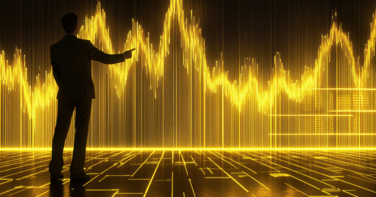 Silhouette of a man pointing at a golden data wave chart, with text: 