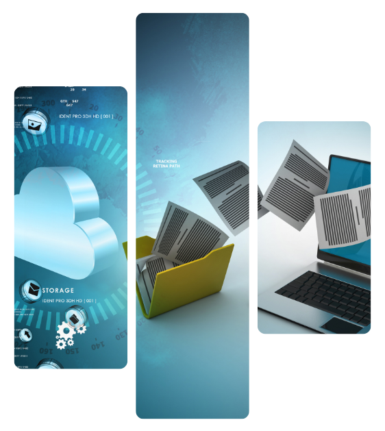 Abstract tech collage with blue panels, cloud icon, laptop, documents, and gears on a light background