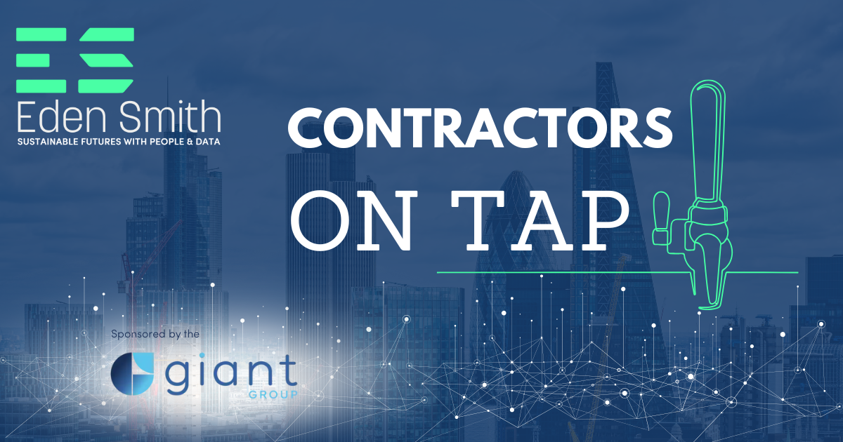 Eden Smith and Giant logos over city skyline with “CONTRACTORS ON TAP” text and faucet icon