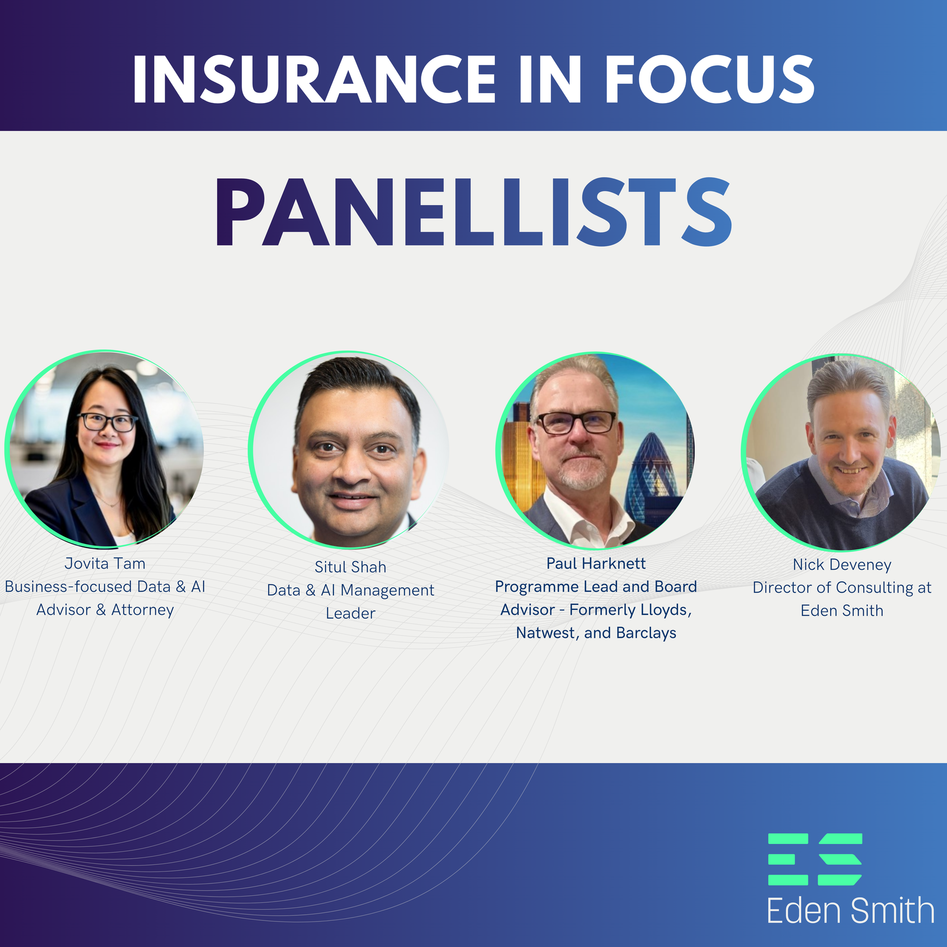 Insurance in Focus panelists poster with four headshots on a purple-blue background and Eden Smith logo