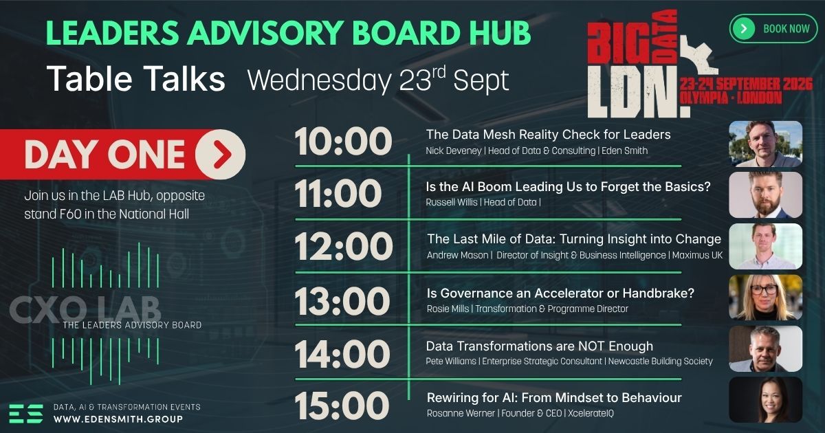Leaders Advisory Board Hub table talks schedule poster with session times and speaker photos