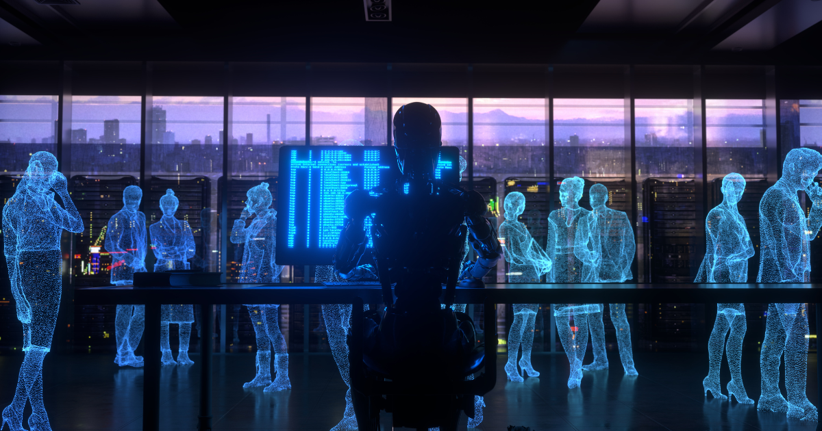 People as digital shadows in an office with an AI robot