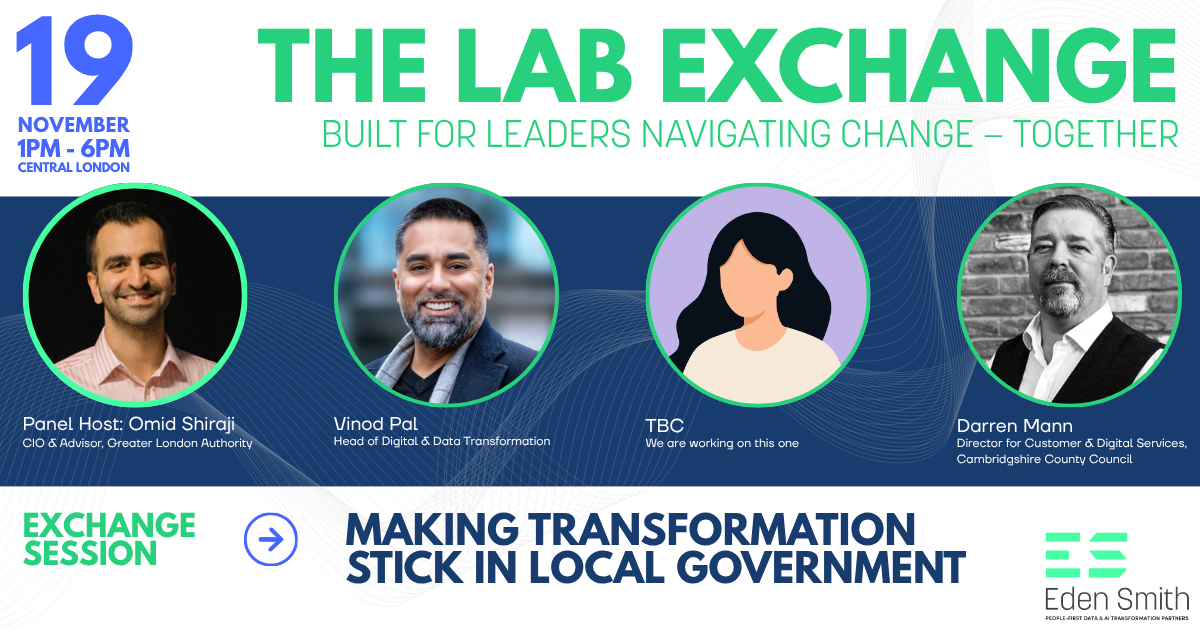 Event banner for “The Lab Exchange” on making transformation stick in local government, with four speaker portraits.