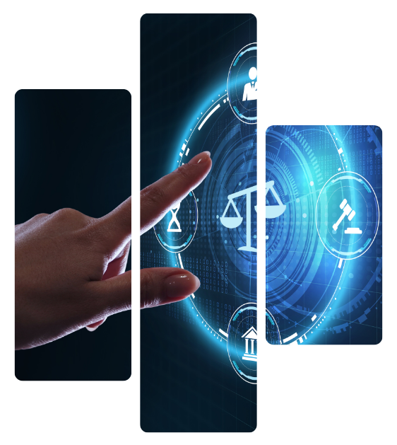 Hand touching futuristic blue digital interface with icons on dark panels