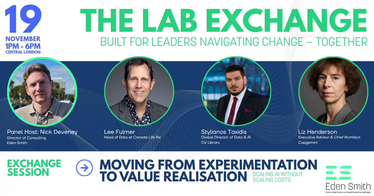 The Lab Exchange event banner with four speaker portraits and “Moving from experimentation to value realisation” text