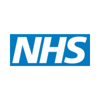 NHS logo in white on a blue rectangular background