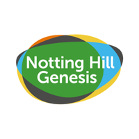 Notting Hill Genesis logo with white text on overlapping green, blue, yellow, and orange ovals