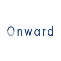 Blue “Onward” wordmark on a white background