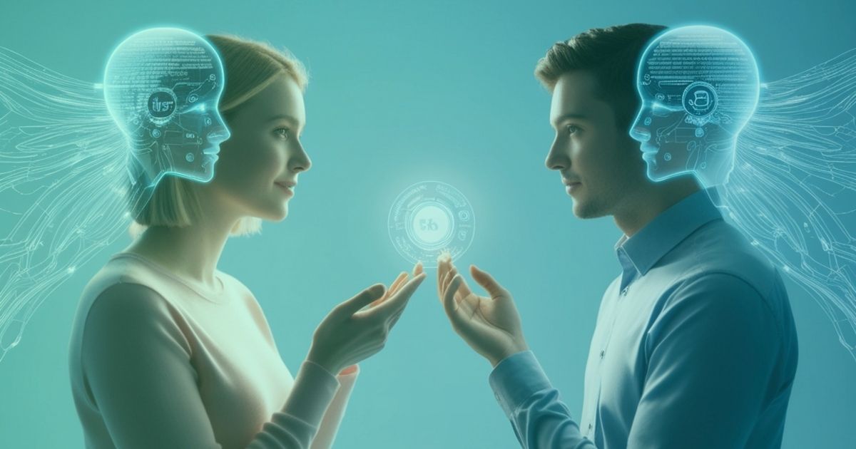 Woman and man touching hands, digital data flowing between them, with digital head projections.