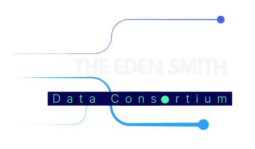 Blue “Data Consortium” logo with curved lines and a green dot on a white background