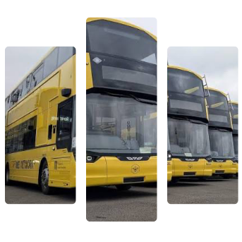 Yellow tram on a wet city street beside tall buildings and an ornate lit facade