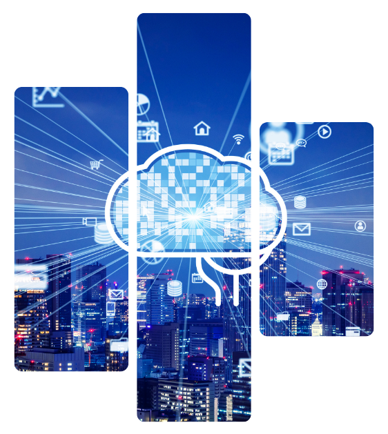 Blue digital cloud over city skyline with glowing tech icons across three smartphone screens