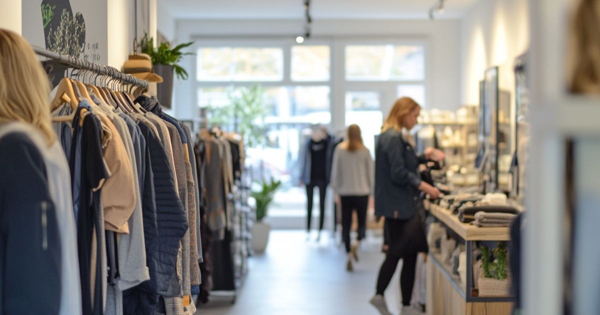 Clothing boutique with racks of garments and shoppers browsing in a bright, airy store