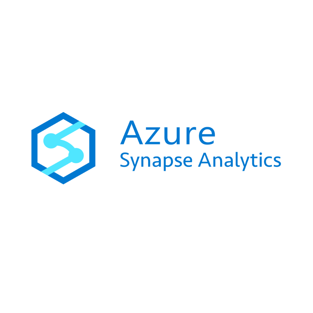 Azure Synapse Analytics logo with blue hexagon icon and text on white background