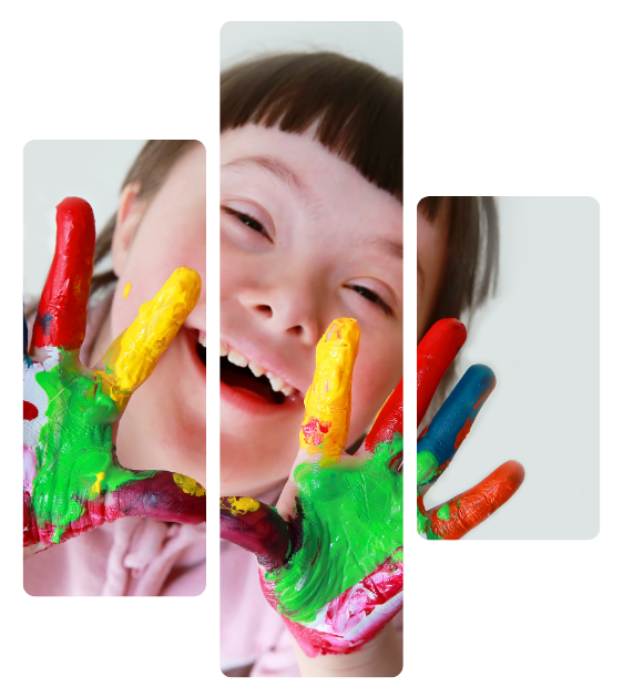 Child smiling with paint-covered hands, colorful finger paints on face and fingers