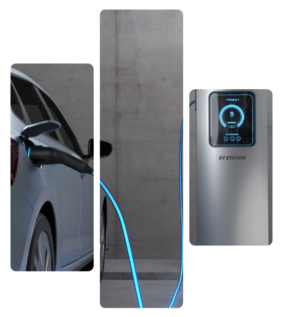 Electric car charging at a wall-mounted charger with blue cable plugged in