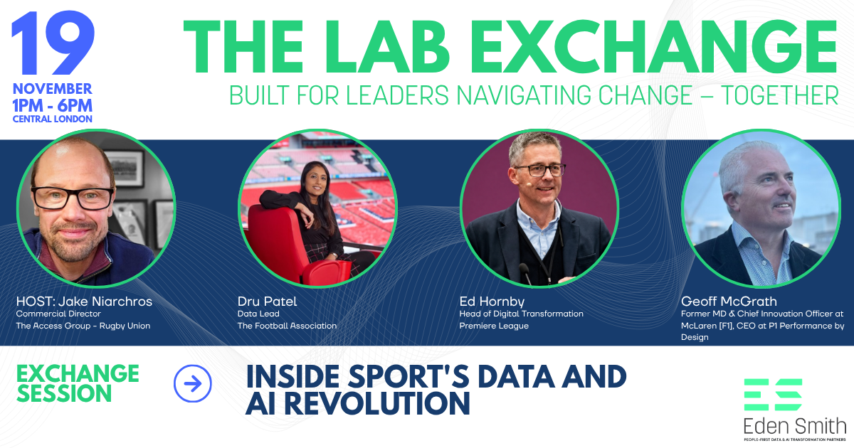 Event poster for “The Lab Exchange” with four speaker photos and the title “Inside Sports Data and AI Revolution”