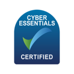 Cyber Essentials certified badge with blue arch, green checkmark, and white text