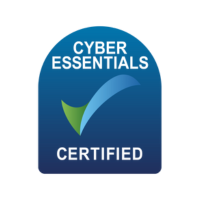 Cyber Essentials certified badge with blue arch, green checkmark, and white text