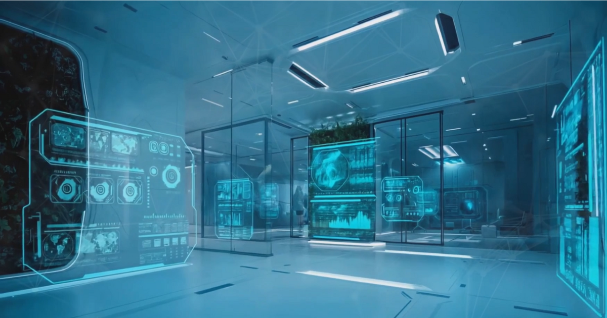 Futuristic blue-lit control room with holographic screens and glass walls