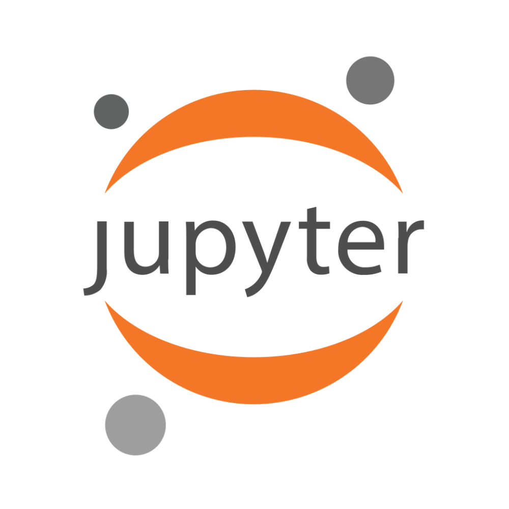 Jupyter logo with orange rings around the word “jupyter” and gray dots on white background