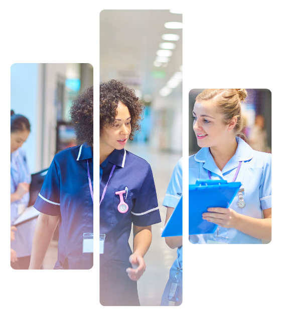 Hospital staff walking and talking in a bright hallway, one holding a blue clipboard