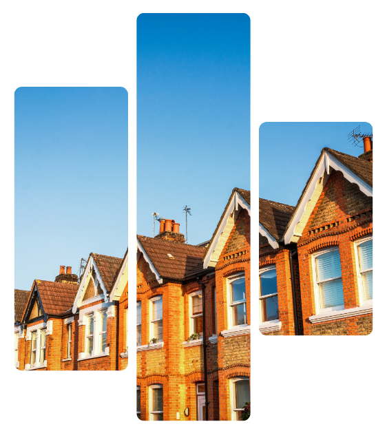 Row of brick houses on a sunny street under a blue sky, shown through three tall vertical panels