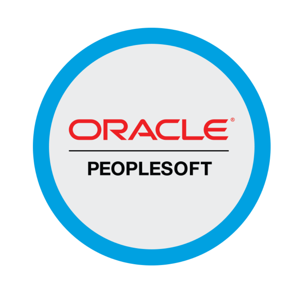 Oracle PeopleSoft logo in red and black inside a blue circle