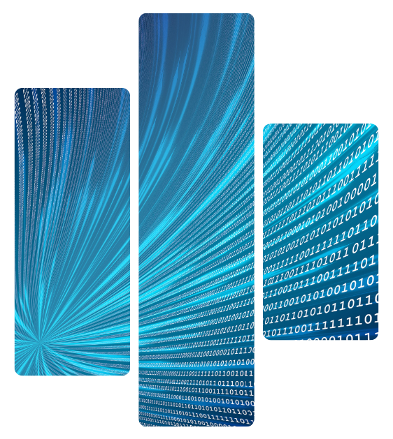 Three blue digital panels with light streaks and binary code on a white background