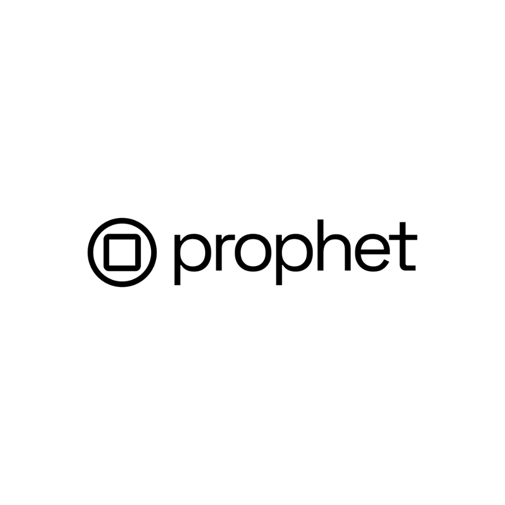 Prophet logo: black circular icon with a square inside beside the word “prophet” on white background
