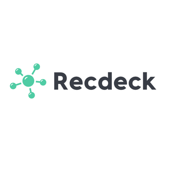 Recdeck logo with teal connected nodes icon and dark gray text on white background