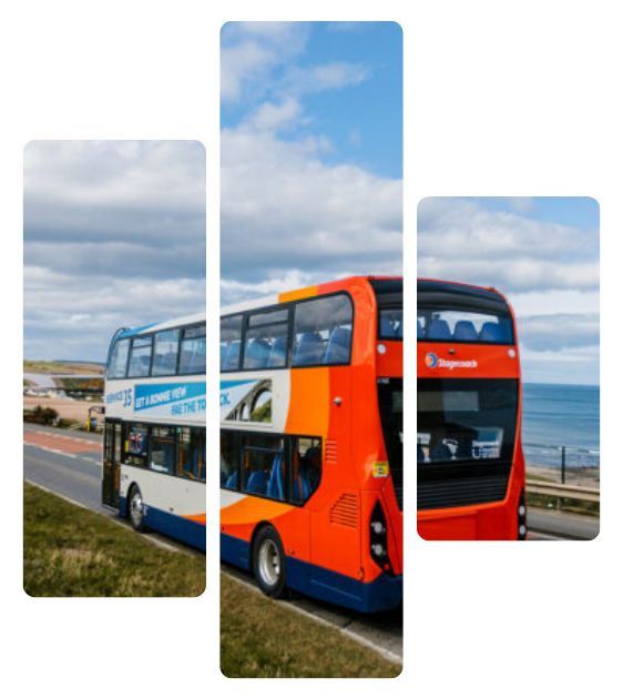 Orange and white double-decker bus on a coastal road under cloudy skies