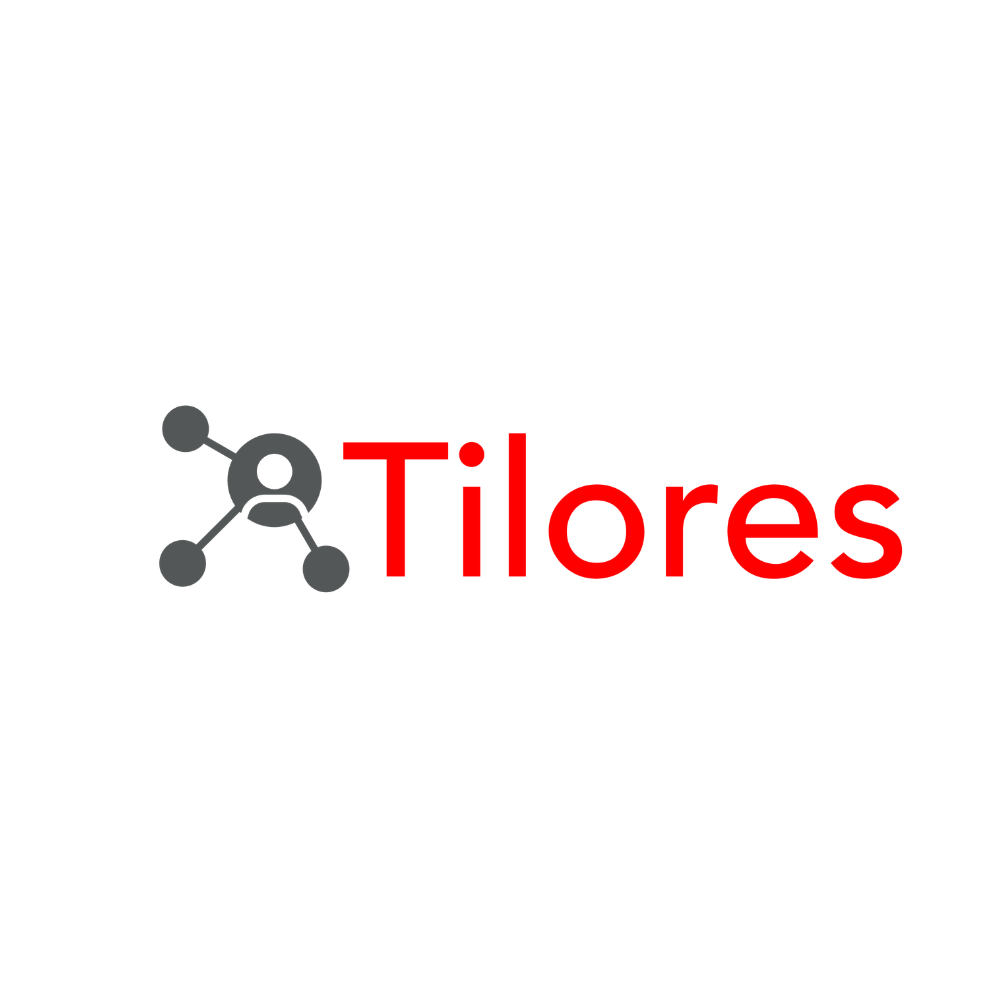 Tilores logo with red text and a gray network icon