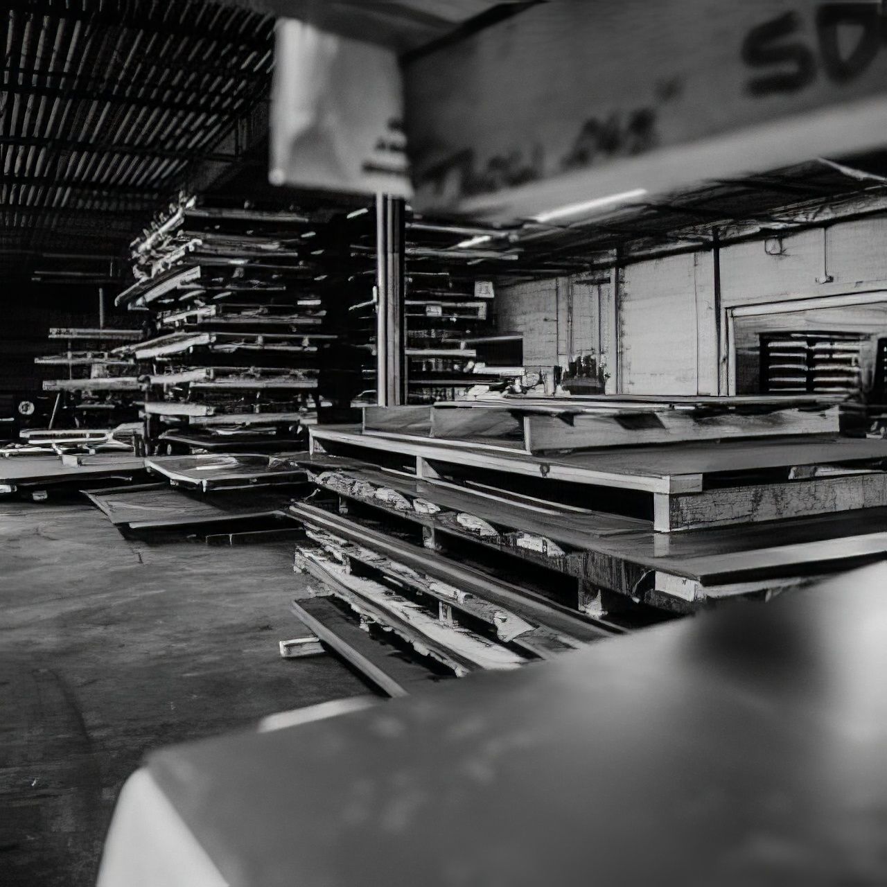 A black and white photo of a warehouse with a sign that says sd