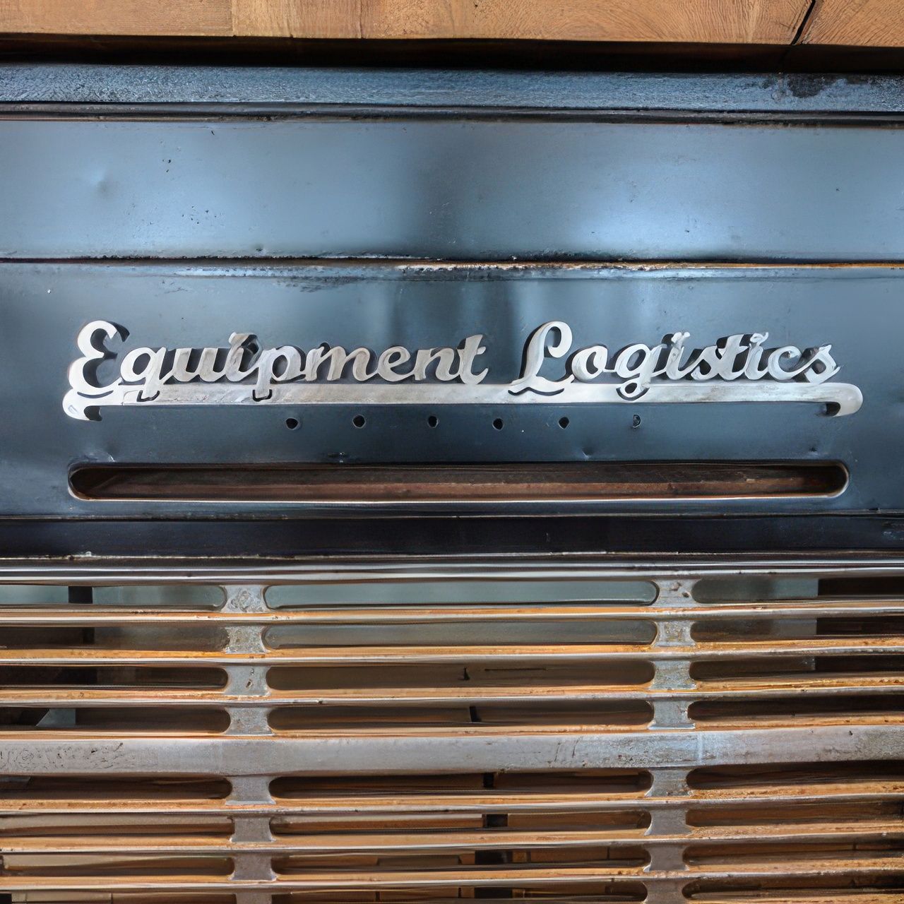 A close up of a metal grille with the words equipment logistics written on it.