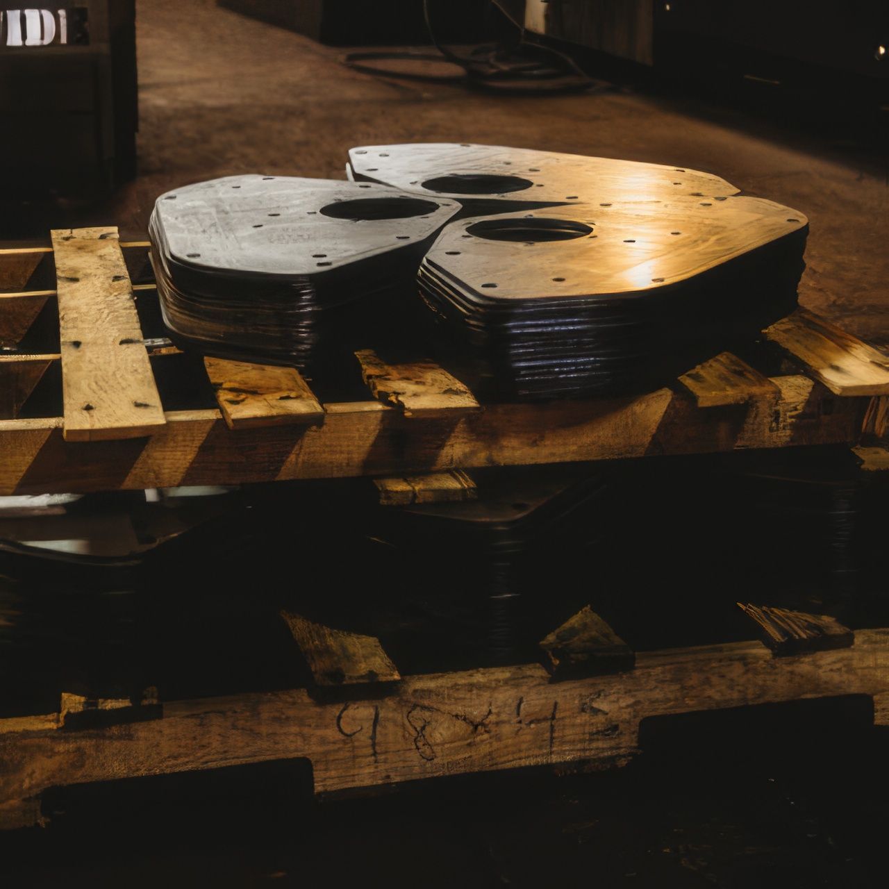 A stack of metal pieces sitting on a wooden pallet