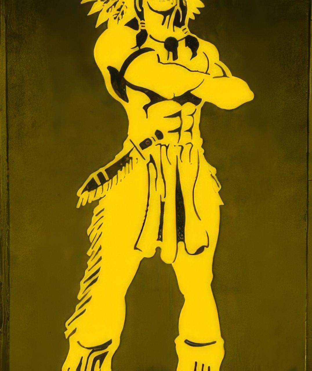 A yellow and black drawing of a man with his arms crossed