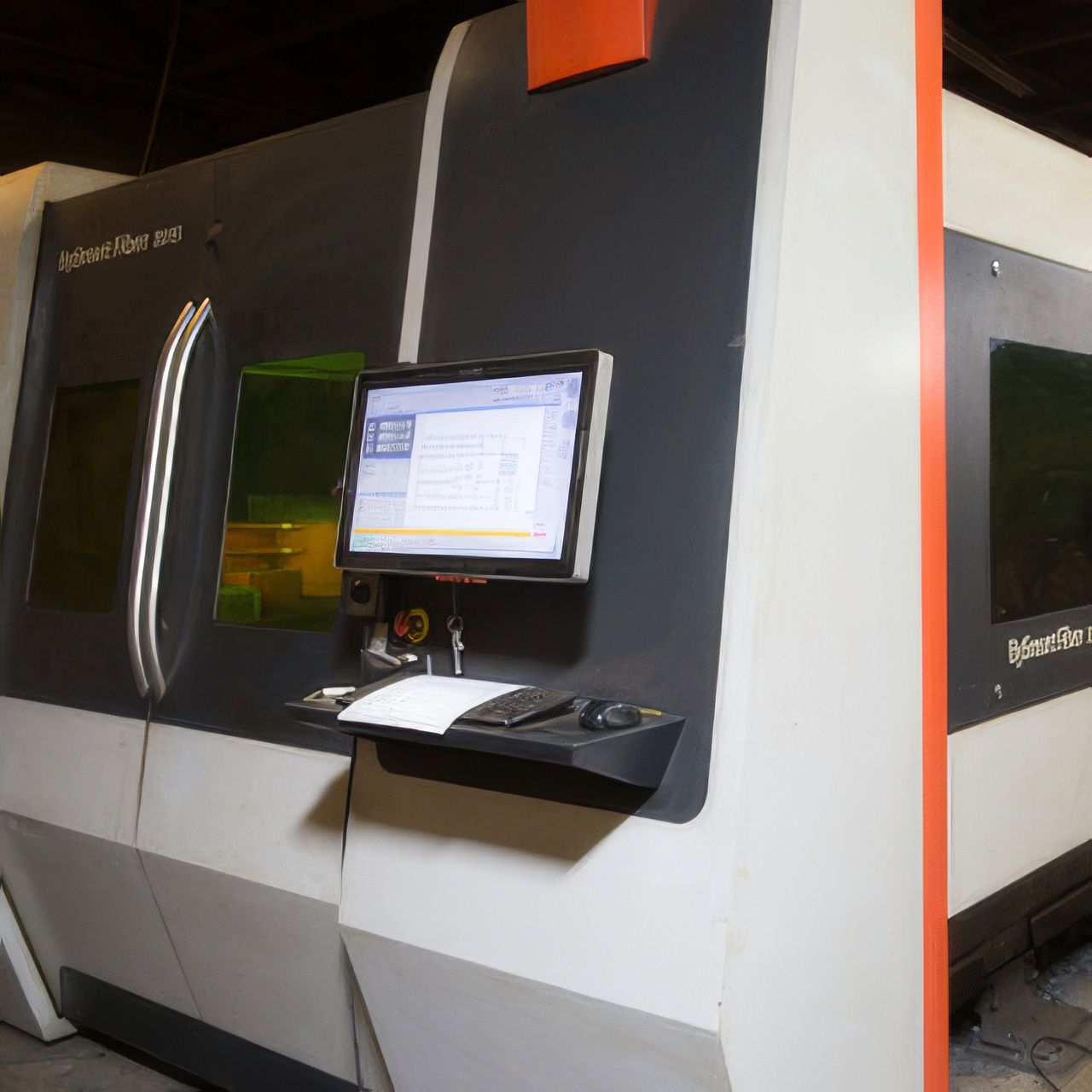 A computer monitor is mounted on the side of a machine