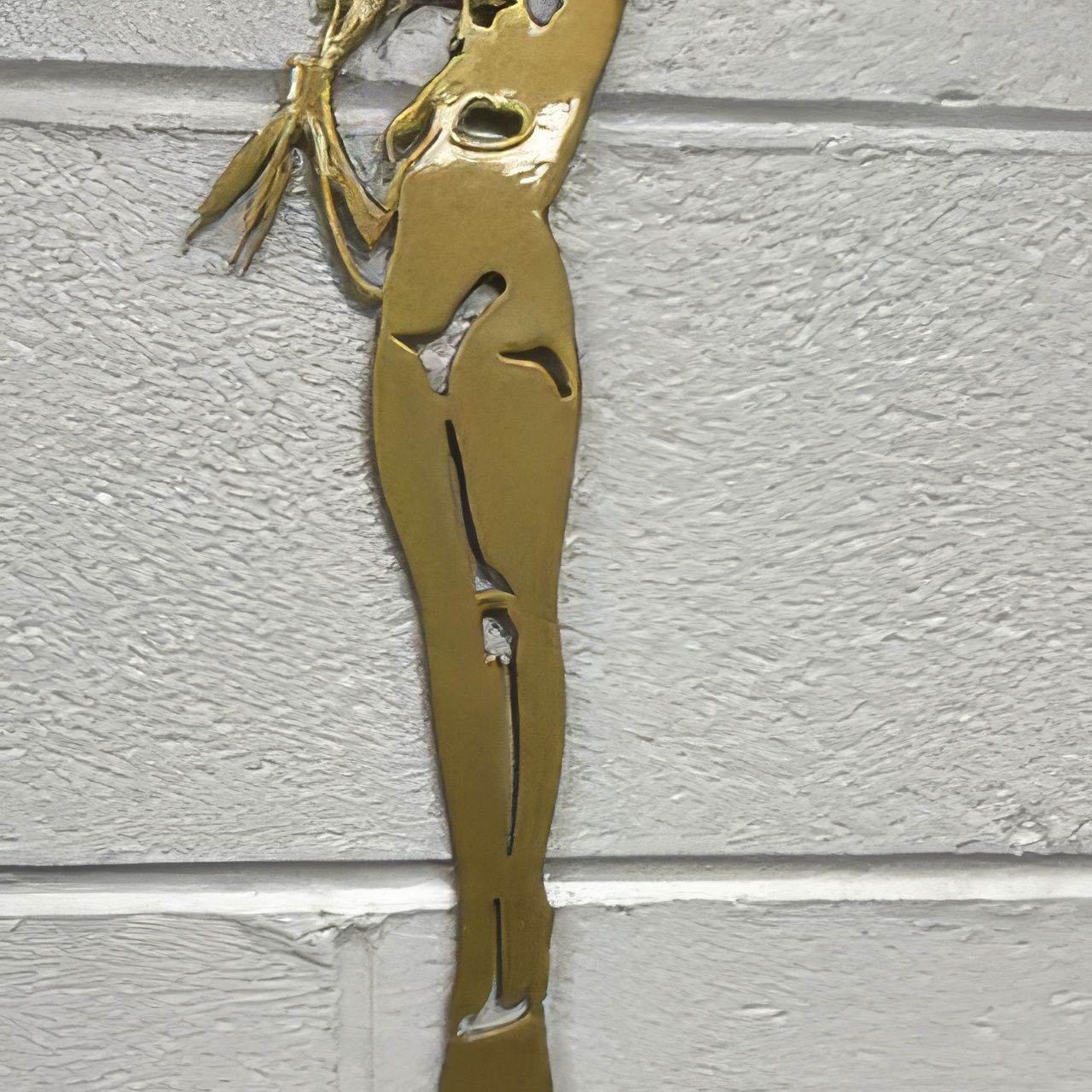 A gold statue of a woman is hanging on a white brick wall.