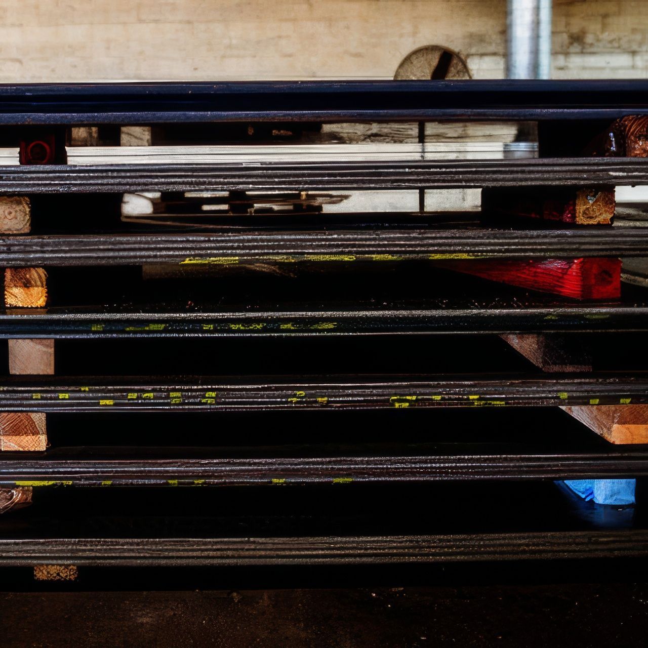 A stack of metal sheets sitting on top of wooden pallets.