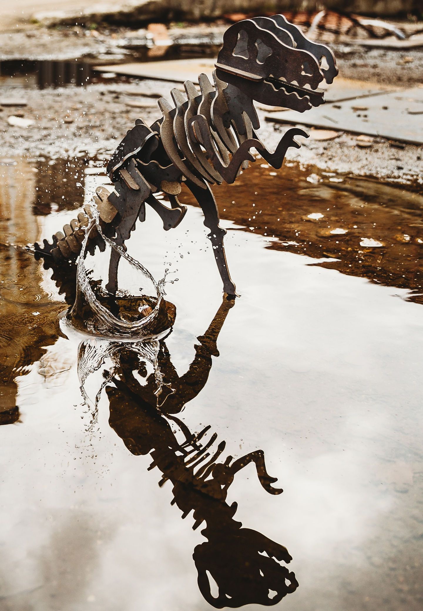 A skeleton of a dinosaur is reflected in a puddle of water.