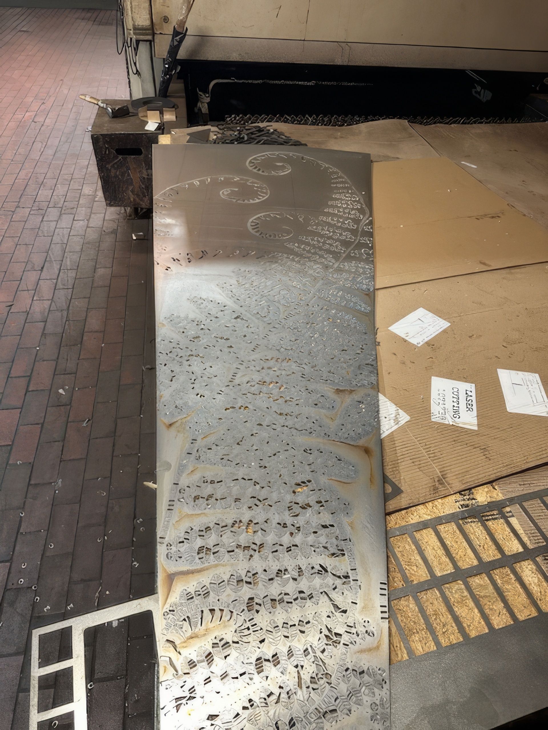 A piece of metal is sitting on a brick floor next to a machine.