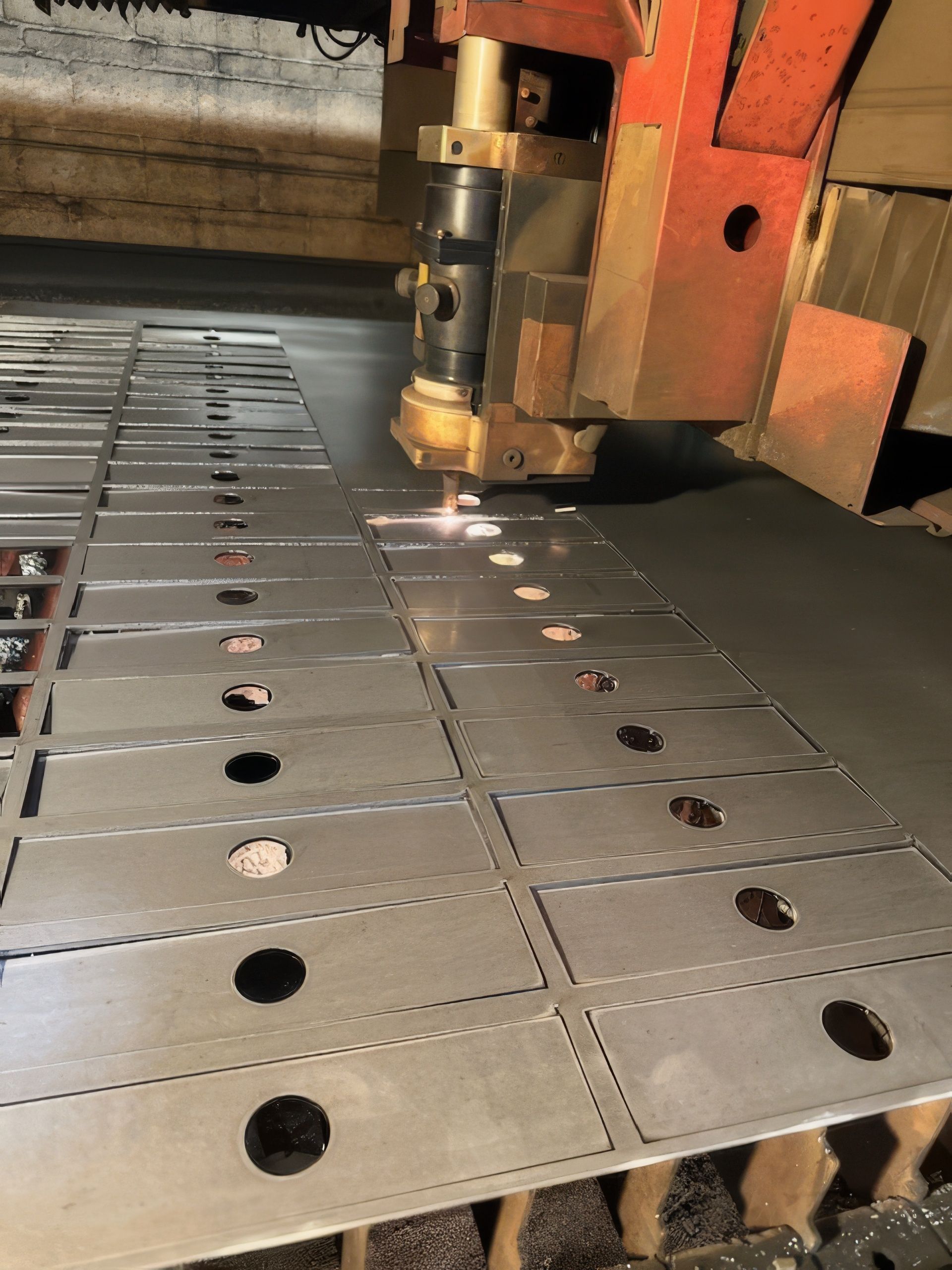 A machine is cutting a piece of metal with holes in it.