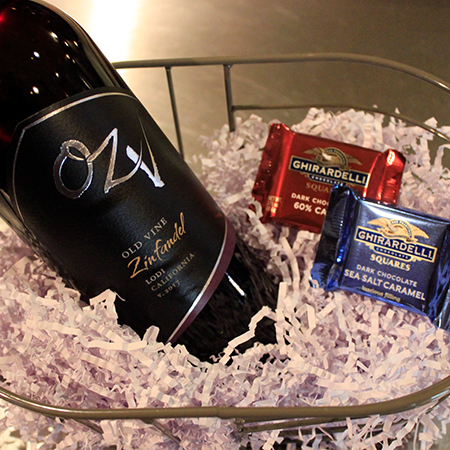 Old Vine wine with two Ghirardelli chocolate