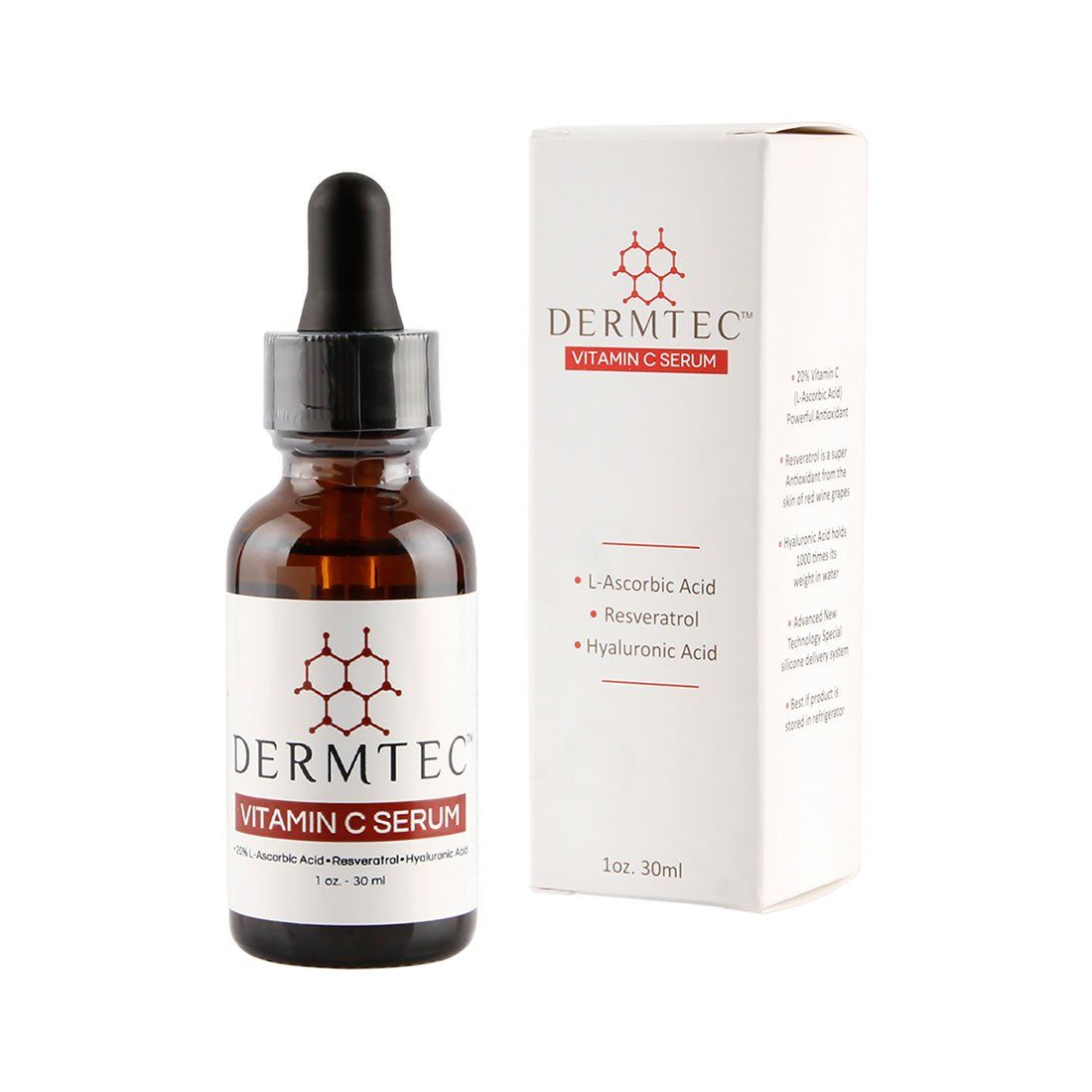 a bottle of dermtec vitamin c serum next to its box