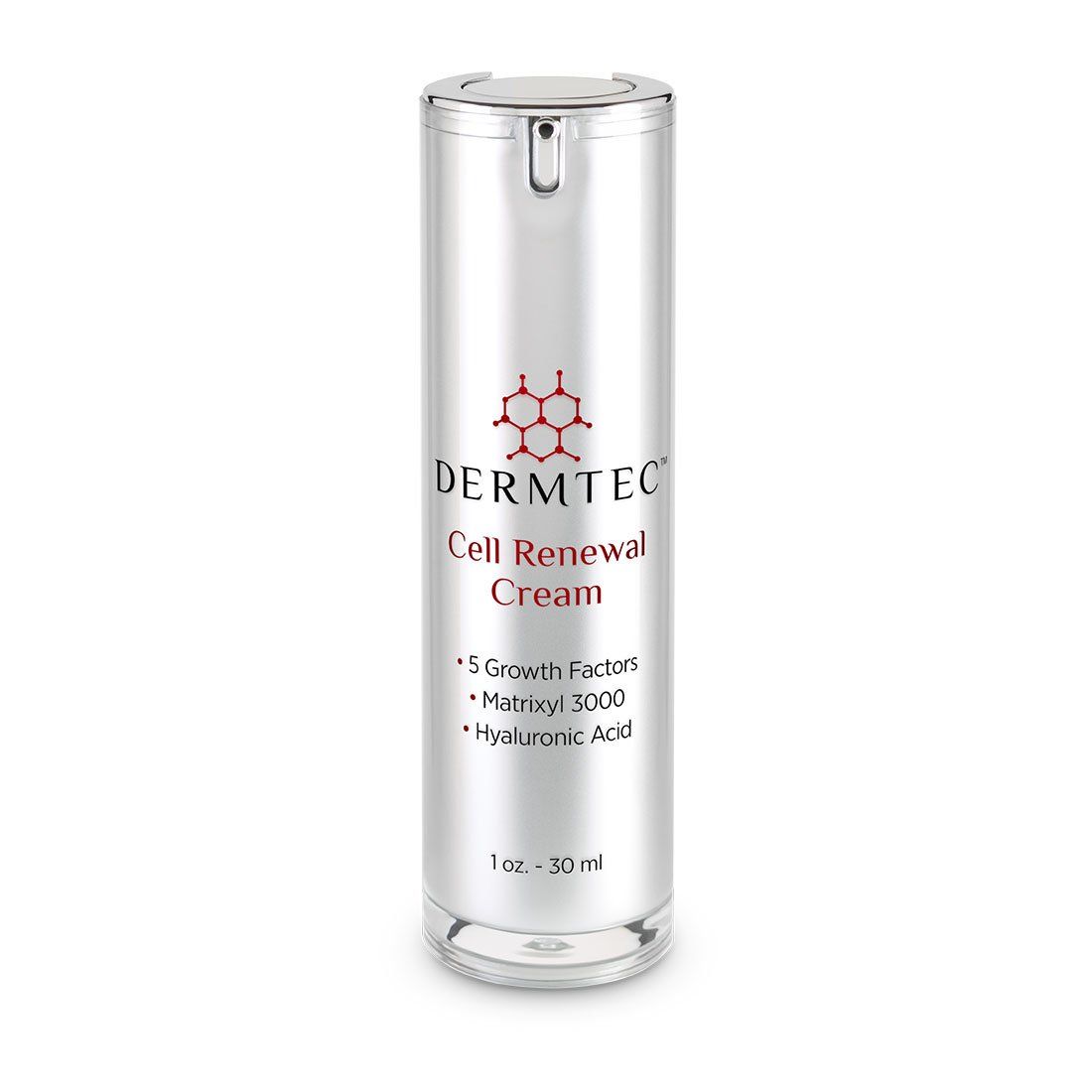 a silver bottle of dermtec cell renewal cream