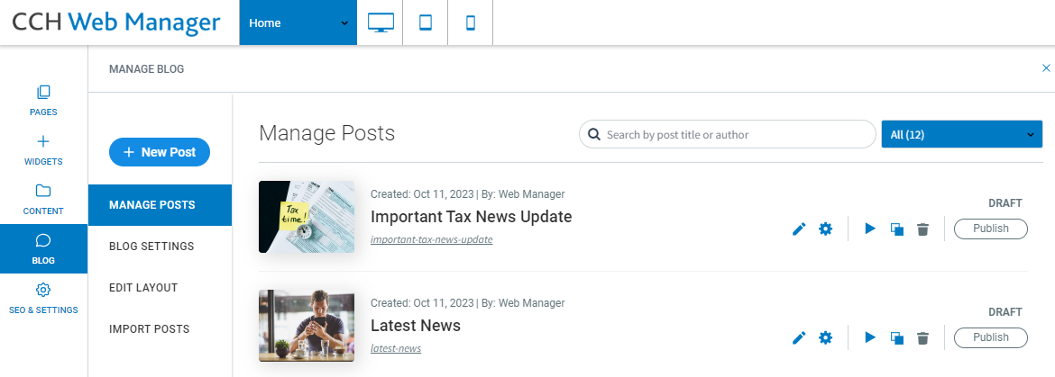 CCH Web Manager's 'Manage Posts' settings screen under the Blog menu option.