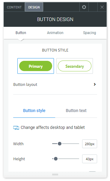 The DESIGN tab options of the Button widget.