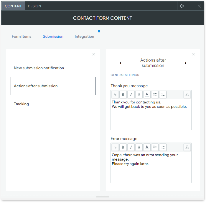 The Actions after submission options under the Submissions options under CONTENT tab of the Contact Form widget.